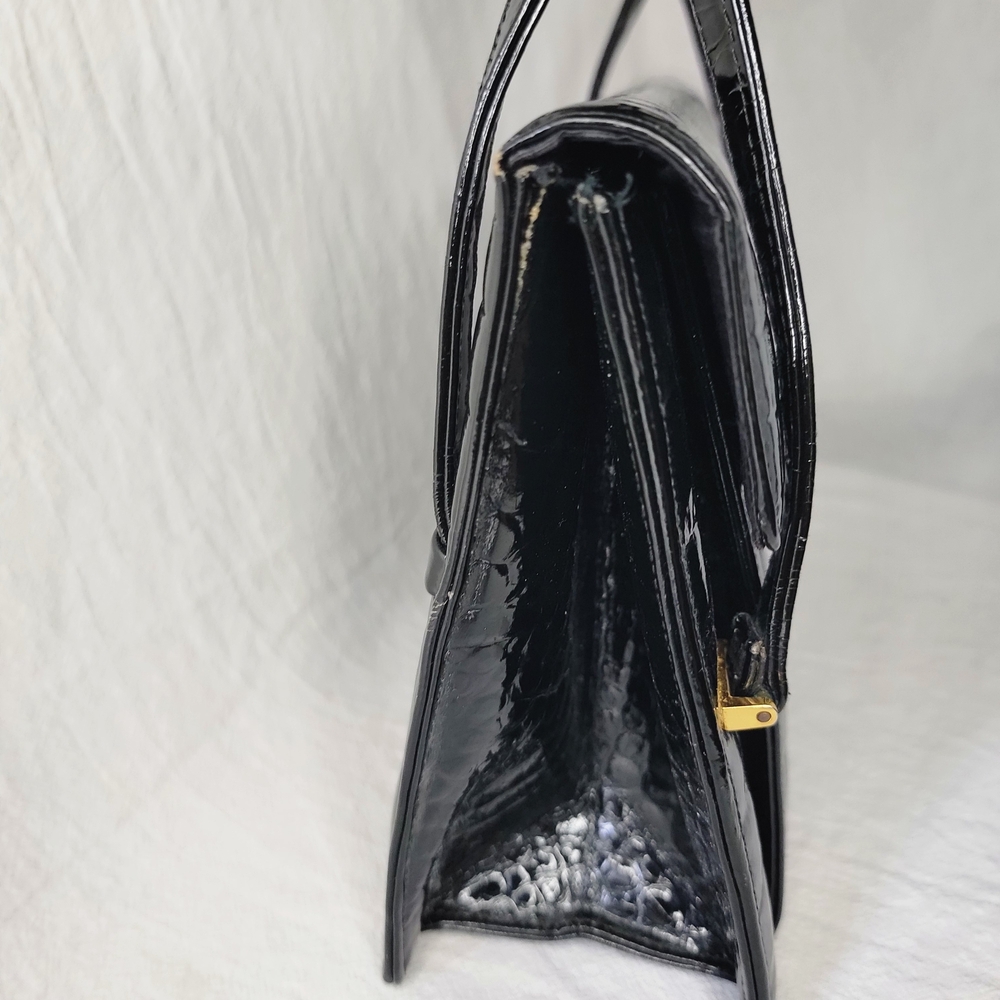 Vintage Goubaud de Paris 1950s Black Patent Croc Embossed Handbag Kelly Style - Picture 2 of 8